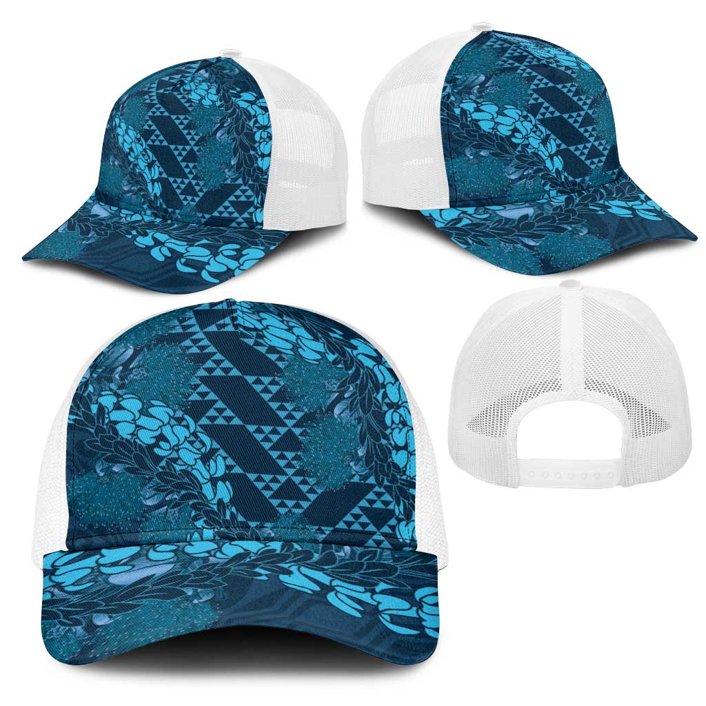 Naval Night Aloha Hawaii Mesh Trucker Cap Hawaiian Kakau Ohia Lehua Lei - Polynesian Pride
