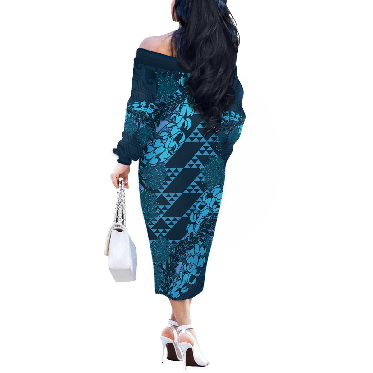 Naval Night Aloha Hawaii Off The Shoulder Long Sleeve Dress Hawaiian Kakau Ohia Lehua Lei LT14 - Polynesian Pride