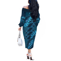 Naval Night Aloha Hawaii Off The Shoulder Long Sleeve Dress Hawaiian Kakau Ohia Lehua Lei LT14 - Polynesian Pride