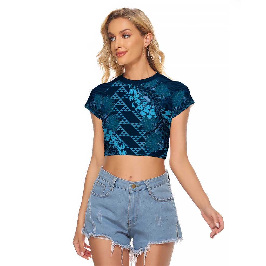 Naval Night Aloha Hawaii Raglan Cropped T Shirt Hawaiian Kakau Ohia Lehua Lei LT14 Female Blue - Polynesian Pride