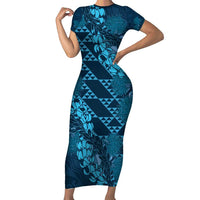 Naval Night Aloha Hawaii Short Sleeve Bodycon Dress Hawaiian Kakau Ohia Lehua Lei LT14 Long Dress Blue - Polynesian Pride