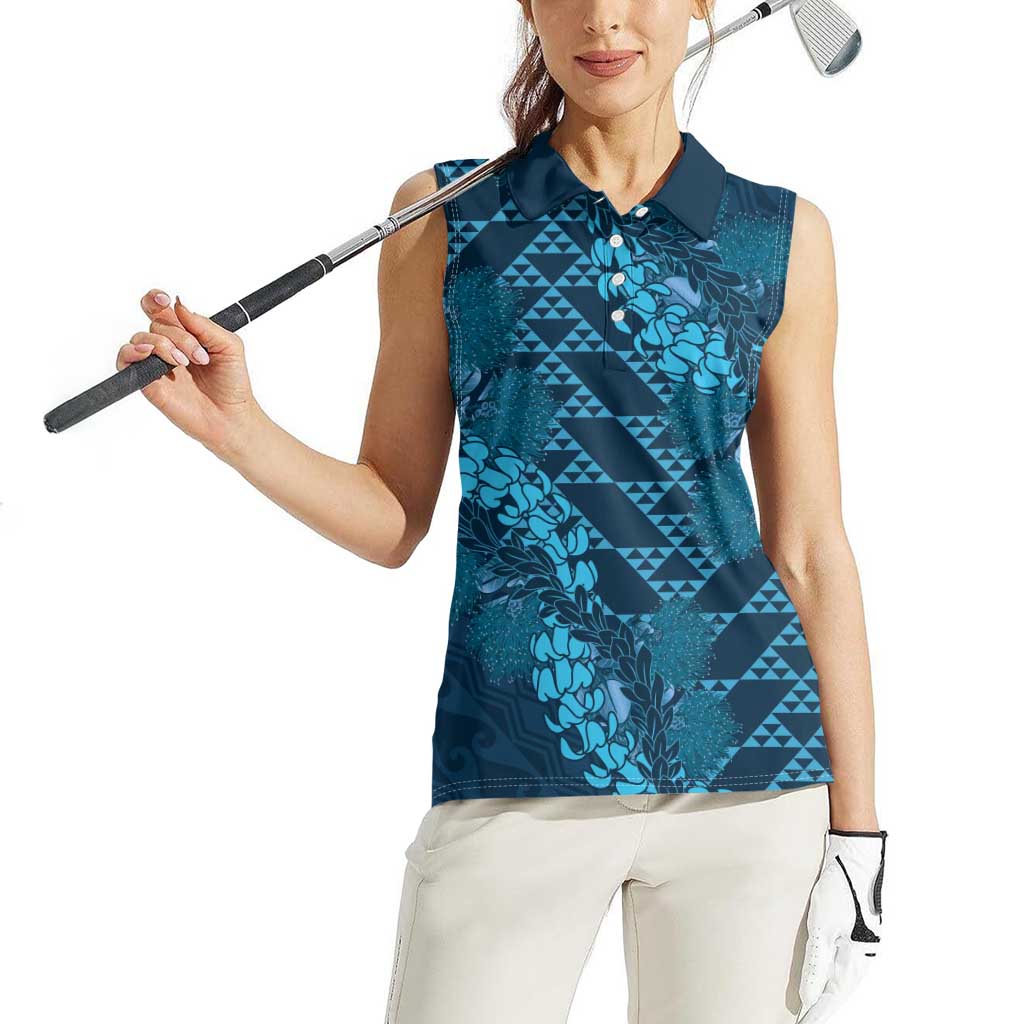 Naval Night Aloha Hawaii Women Sleeveless Polo Shirt Hawaiian Kakau Ohia Lehua Lei LT14 - Polynesian Pride