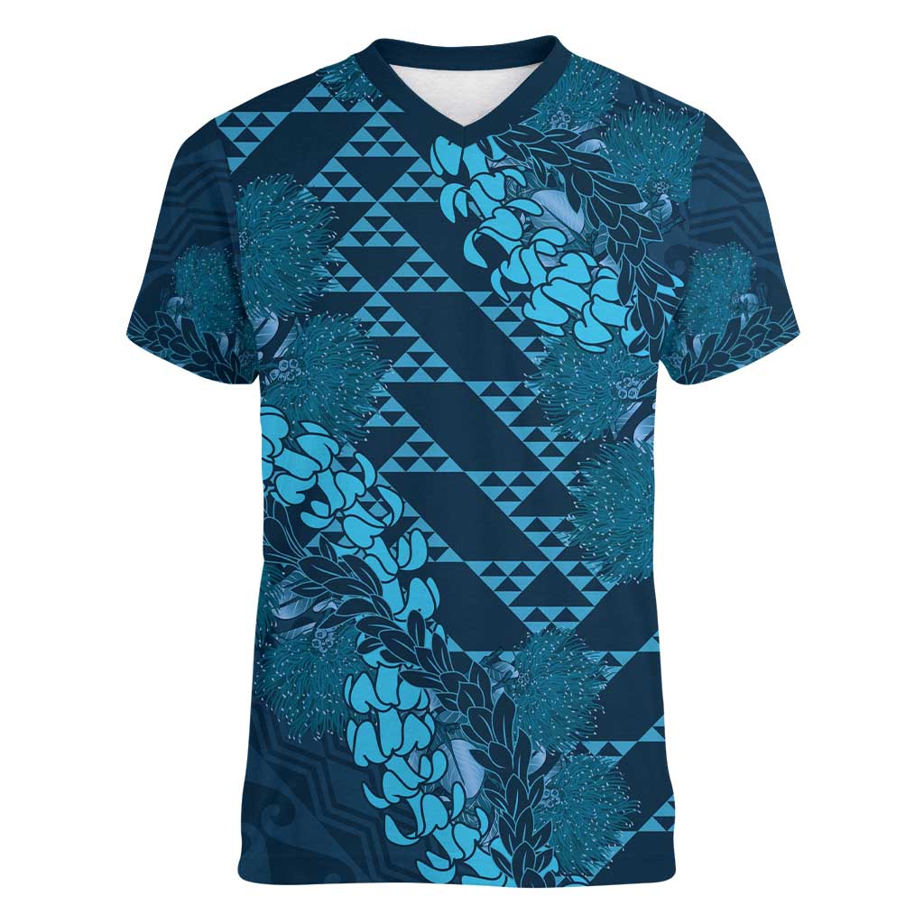 Naval Night Aloha Hawaii Women V-Neck T-Shirt Hawaiian Kakau Ohia Lehua Lei LT14 Female Blue - Polynesian Pride