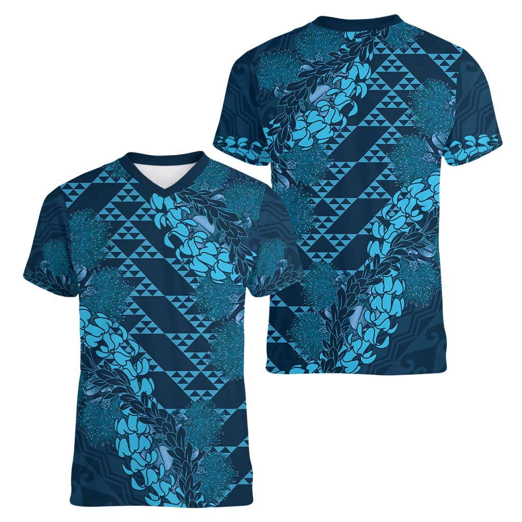 Naval Night Aloha Hawaii Women V-Neck T-Shirt Hawaiian Kakau Ohia Lehua Lei LT14 - Polynesian Pride
