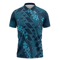 Naval Night Aloha Hawaii Zipper Polo Shirt Hawaiian Kakau Ohia Lehua Lei LT14 Blue - Polynesian Pride