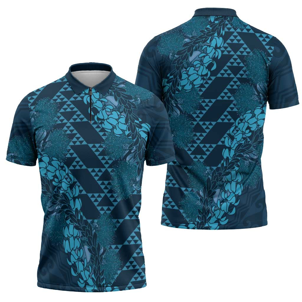 Naval Night Aloha Hawaii Zipper Polo Shirt Hawaiian Kakau Ohia Lehua Lei LT14 - Polynesian Pride