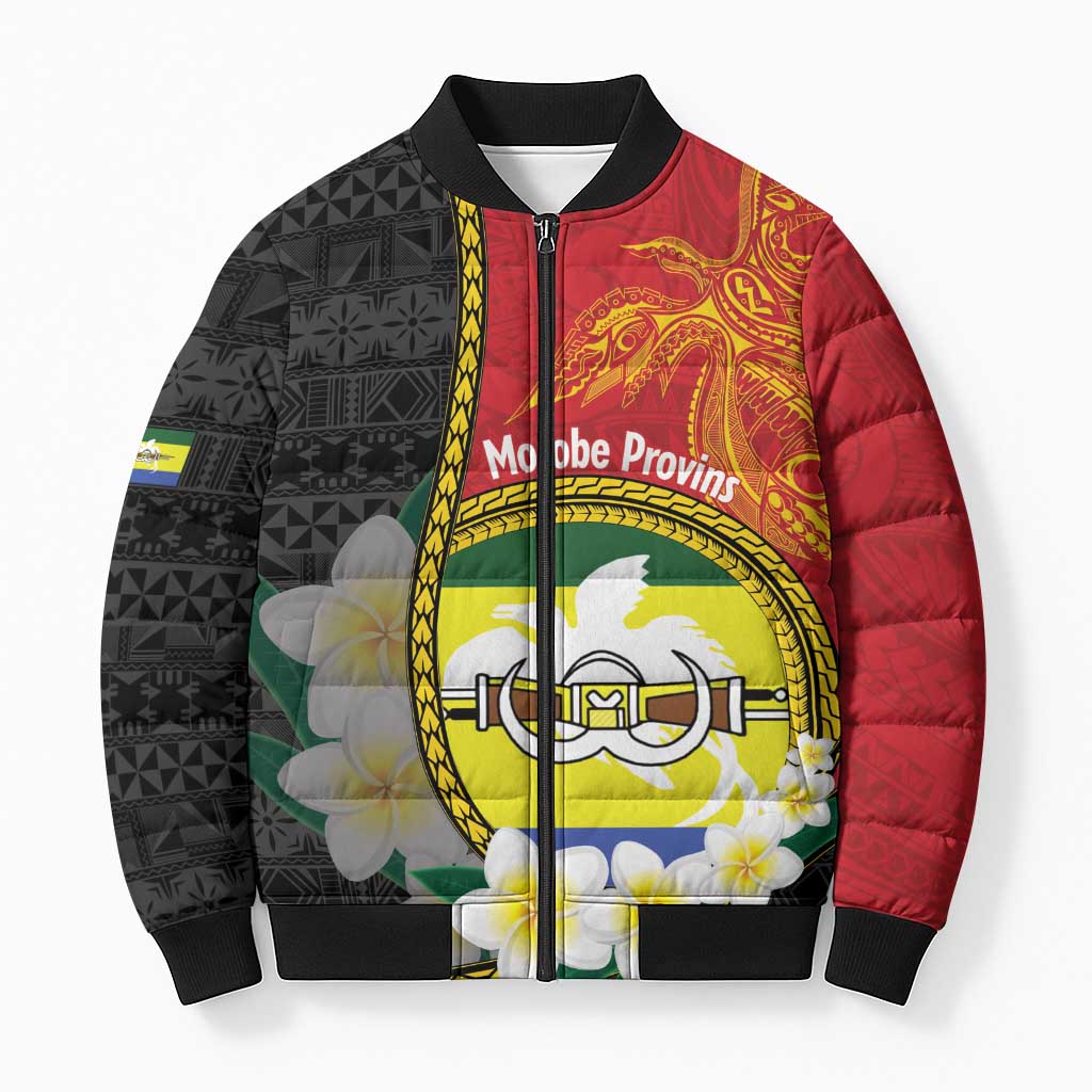 Personalised PNG Morobe Provins Bomber Puffer Jacket Papua New Guinea Plumeria Melanesian Pattern LT14 Red - Polynesian Pride