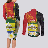 Personalised PNG Morobe Provins Couples Matching Long Sleeve Bodycon Dress and Long Sleeve Button Shirt Papua New Guinea Plumeria Melanesian Pattern LT14 - Polynesian Pride