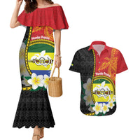 Personalised PNG Morobe Provins Couples Matching Mermaid Dress and Hawaiian Shirt Papua New Guinea Plumeria Melanesian Pattern LT14 Red - Polynesian Pride
