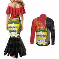 Personalised PNG Morobe Provins Couples Matching Mermaid Dress and Long Sleeve Button Shirt Papua New Guinea Plumeria Melanesian Pattern LT14 - Polynesian Pride