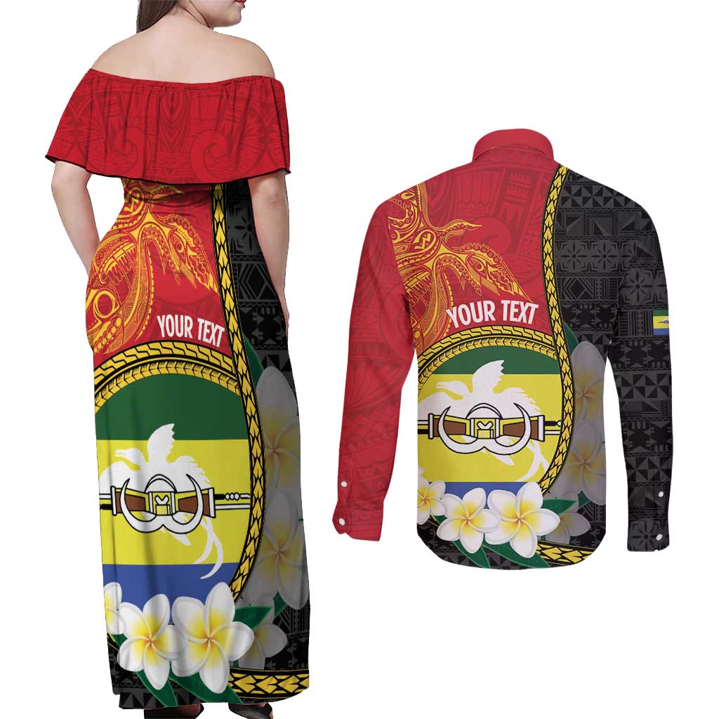 Personalised PNG Morobe Provins Couples Matching Off Shoulder Maxi Dress and Long Sleeve Button Shirt Papua New Guinea Plumeria Melanesian Pattern LT14 - Polynesian Pride