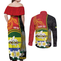 Personalised PNG Morobe Provins Couples Matching Off Shoulder Maxi Dress and Long Sleeve Button Shirt Papua New Guinea Plumeria Melanesian Pattern LT14 - Polynesian Pride