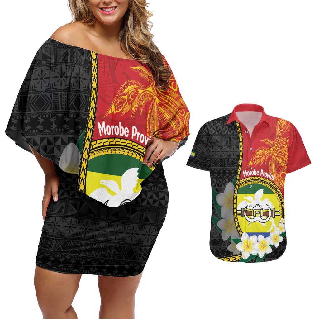 Personalised PNG Morobe Provins Couples Matching Off Shoulder Short Dress and Hawaiian Shirt Papua New Guinea Plumeria Melanesian Pattern LT14 Red - Polynesian Pride