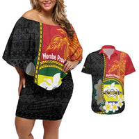 Personalised PNG Morobe Provins Couples Matching Off Shoulder Short Dress and Hawaiian Shirt Papua New Guinea Plumeria Melanesian Pattern LT14 Red - Polynesian Pride