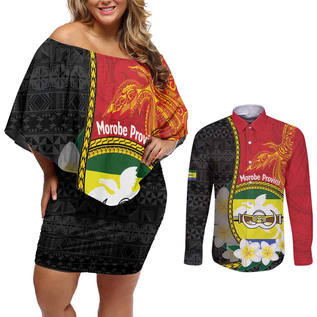 Personalised PNG Morobe Provins Couples Matching Off Shoulder Short Dress and Long Sleeve Button Shirt Papua New Guinea Plumeria Melanesian Pattern LT14 Red - Polynesian Pride