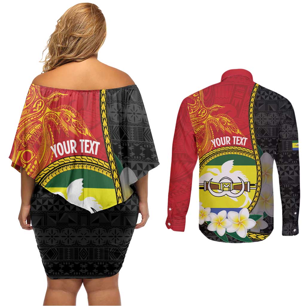 Personalised PNG Morobe Provins Couples Matching Off Shoulder Short Dress and Long Sleeve Button Shirt Papua New Guinea Plumeria Melanesian Pattern LT14 - Polynesian Pride