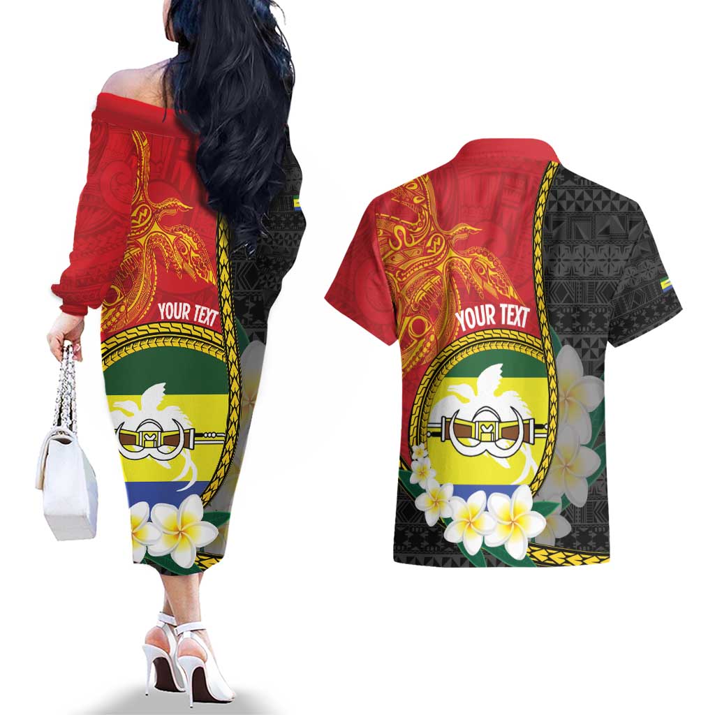 Personalised PNG Morobe Provins Couples Matching Off The Shoulder Long Sleeve Dress and Hawaiian Shirt Papua New Guinea Plumeria Melanesian Pattern LT14 - Polynesian Pride