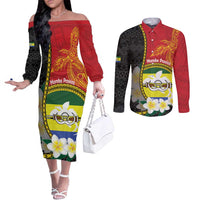 Personalised PNG Morobe Provins Couples Matching Off The Shoulder Long Sleeve Dress and Long Sleeve Button Shirt Papua New Guinea Plumeria Melanesian Pattern LT14 Red - Polynesian Pride