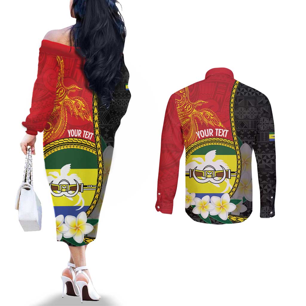 Personalised PNG Morobe Provins Couples Matching Off The Shoulder Long Sleeve Dress and Long Sleeve Button Shirt Papua New Guinea Plumeria Melanesian Pattern LT14 - Polynesian Pride