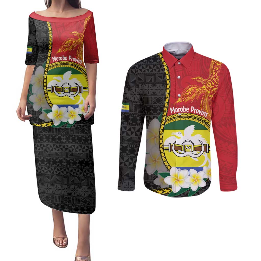 Personalised PNG Morobe Provins Couples Matching Puletasi and Long Sleeve Button Shirt Papua New Guinea Plumeria Melanesian Pattern LT14 Red - Polynesian Pride