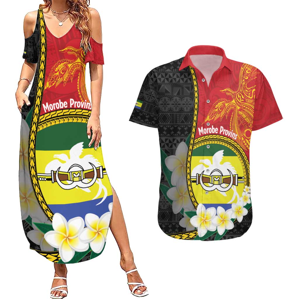 Personalised PNG Morobe Provins Couples Matching Summer Maxi Dress and Hawaiian Shirt Papua New Guinea Plumeria Melanesian Pattern LT14 Red - Polynesian Pride