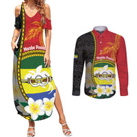 Personalised PNG Morobe Provins Couples Matching Summer Maxi Dress and Long Sleeve Button Shirt Papua New Guinea Plumeria Melanesian Pattern LT14 Red - Polynesian Pride