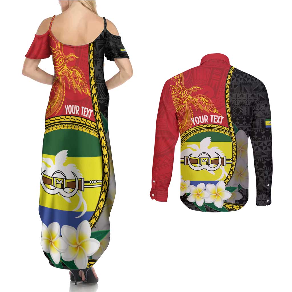 Personalised PNG Morobe Provins Couples Matching Summer Maxi Dress and Long Sleeve Button Shirt Papua New Guinea Plumeria Melanesian Pattern LT14 - Polynesian Pride