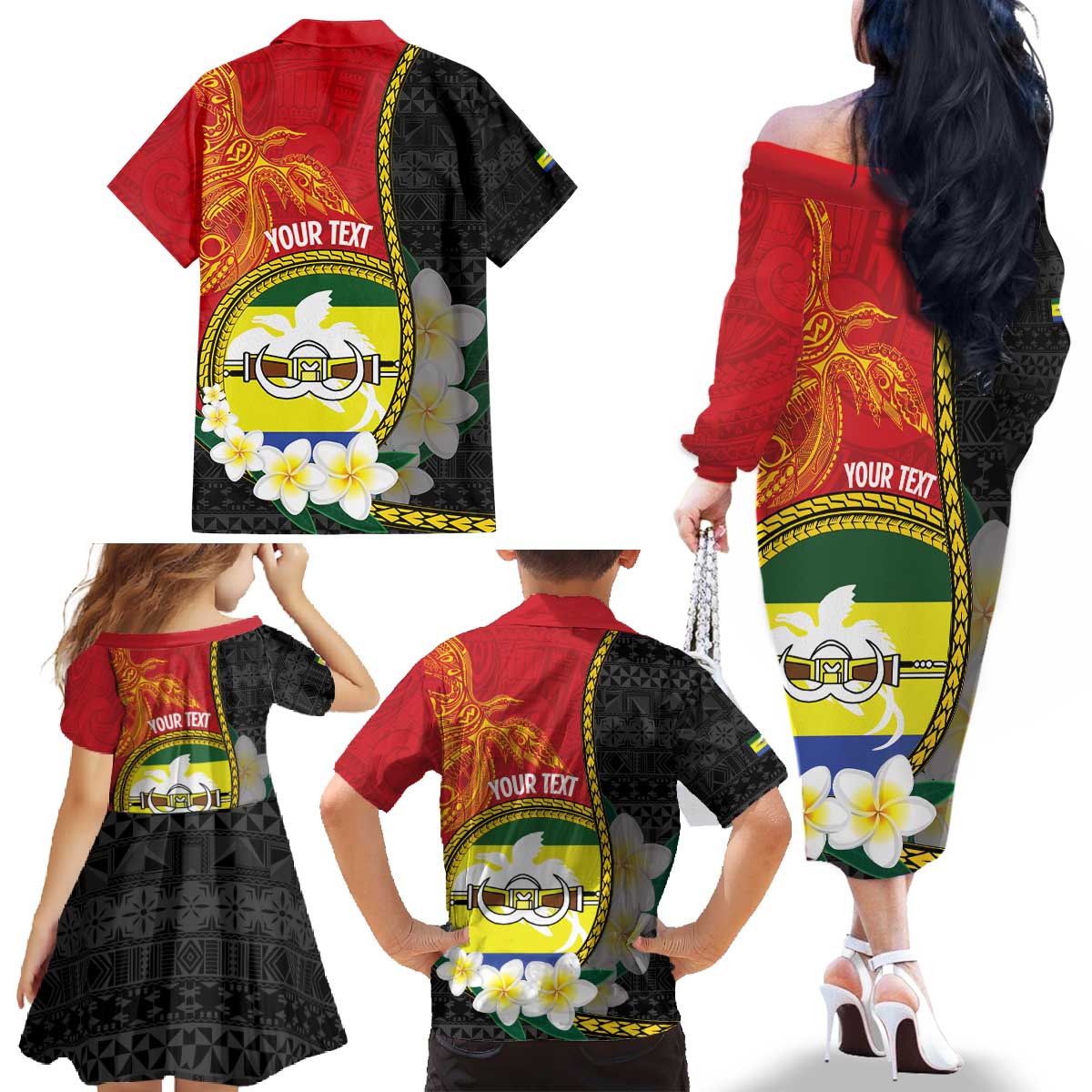 Personalised PNG Morobe Provins Family Matching Off The Shoulder Long Sleeve Dress and Hawaiian Shirt Papua New Guinea Plumeria Melanesian Pattern LT14 - Polynesian Pride