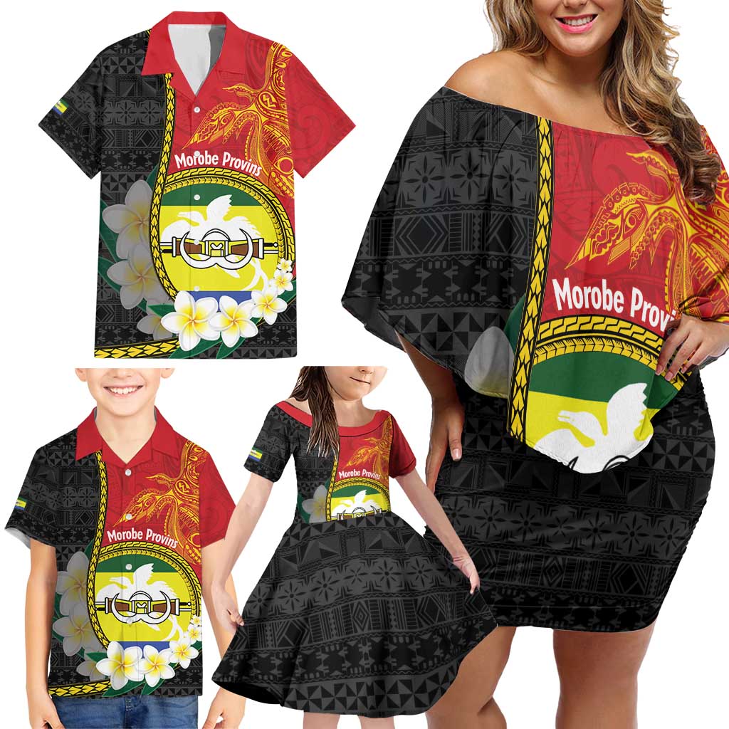 Personalised PNG Morobe Provins Family Matching Off Shoulder Short Dress and Hawaiian Shirt Papua New Guinea Plumeria Melanesian Pattern LT14 - Polynesian Pride