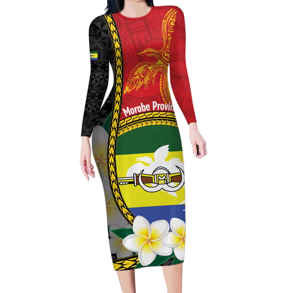 Personalised PNG Morobe Provins Long Sleeve Bodycon Dress Papua New Guinea Plumeria Melanesian Pattern LT14 Long Dress Red - Polynesian Pride