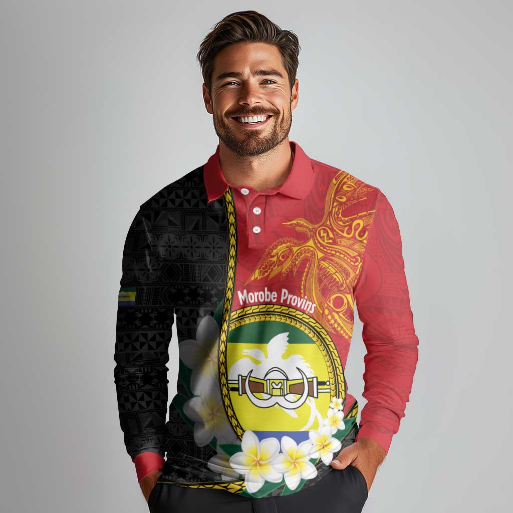 Personalised PNG Morobe Provins Long Sleeve Polo Shirt Papua New Guinea Plumeria Melanesian Pattern LT14 - Polynesian Pride
