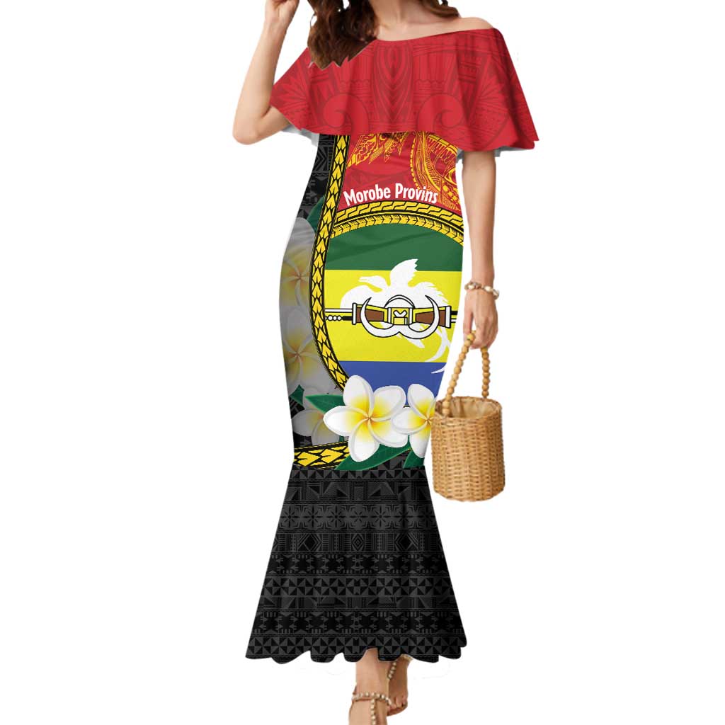 Personalised PNG Morobe Provins Mermaid Dress Papua New Guinea Plumeria Melanesian Pattern LT14 Women Red - Polynesian Pride