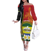 Personalised PNG Morobe Provins Off The Shoulder Long Sleeve Dress Papua New Guinea Plumeria Melanesian Pattern LT14 Women Red - Polynesian Pride