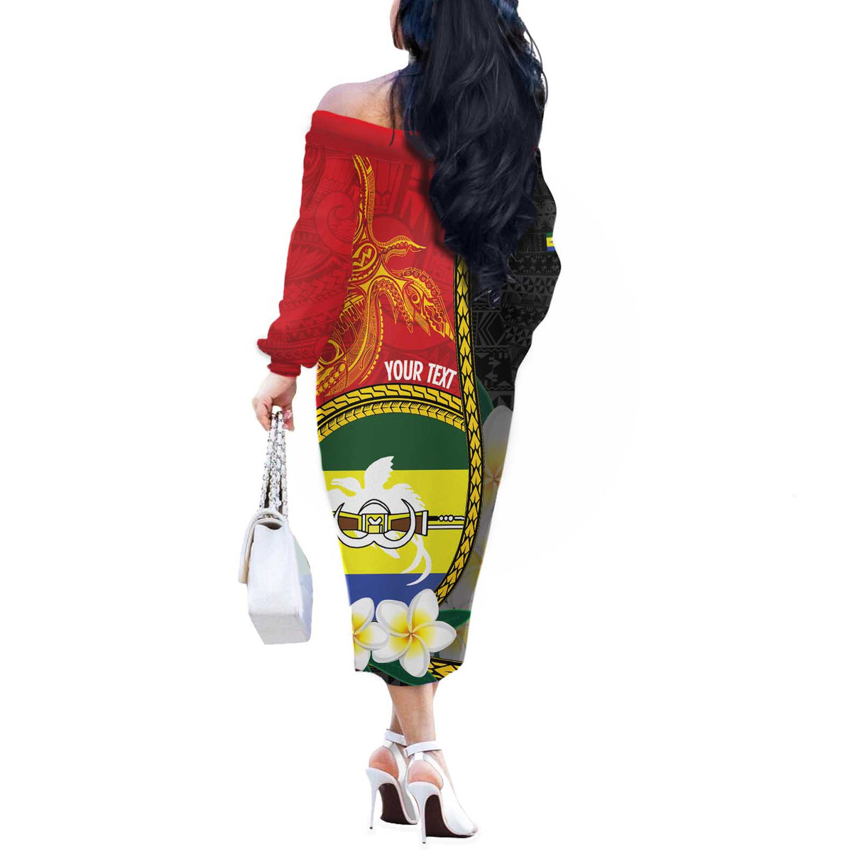 Personalised PNG Morobe Provins Off The Shoulder Long Sleeve Dress Papua New Guinea Plumeria Melanesian Pattern LT14 - Polynesian Pride