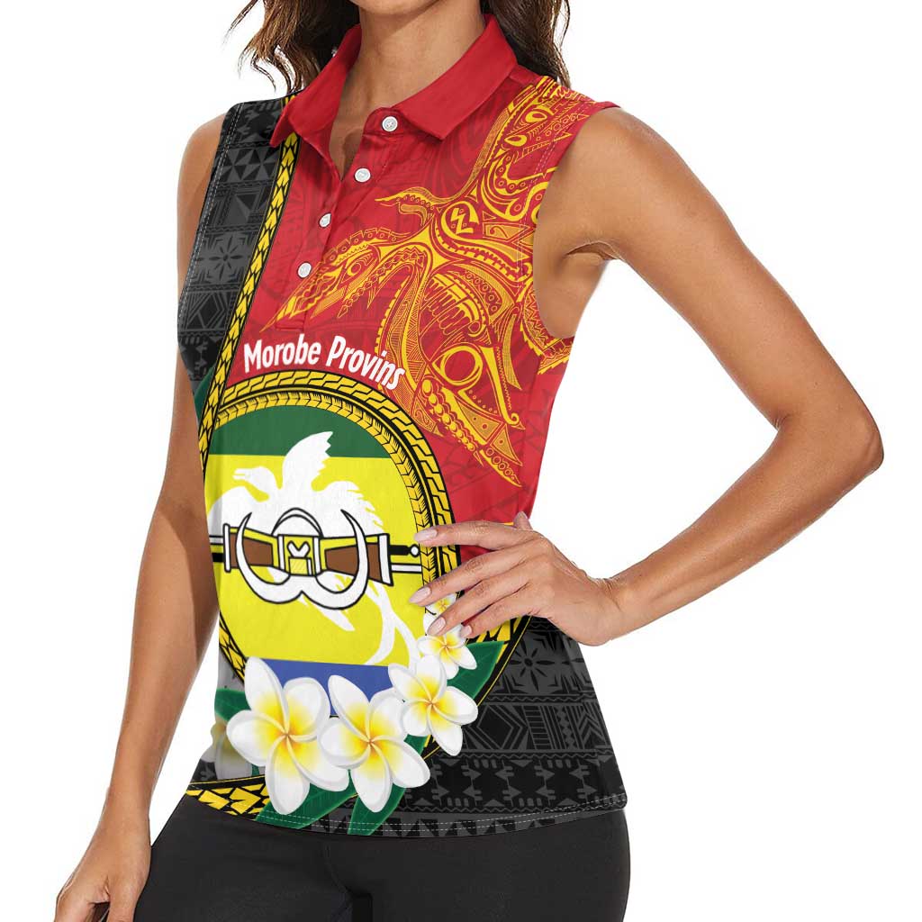 Personalised PNG Morobe Provins Women Sleeveless Polo Shirt Papua New Guinea Plumeria Melanesian Pattern LT14 - Polynesian Pride