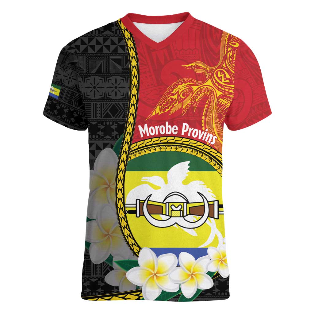 Personalised PNG Morobe Provins Women V-Neck T-Shirt Papua New Guinea Plumeria Melanesian Pattern LT14 Female Red - Polynesian Pride