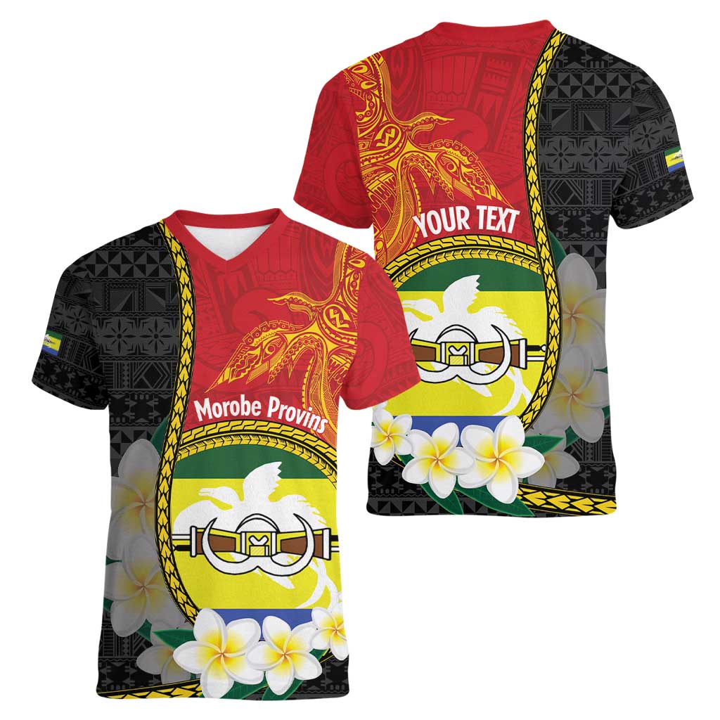 Personalised PNG Morobe Provins Women V-Neck T-Shirt Papua New Guinea Plumeria Melanesian Pattern LT14 - Polynesian Pride