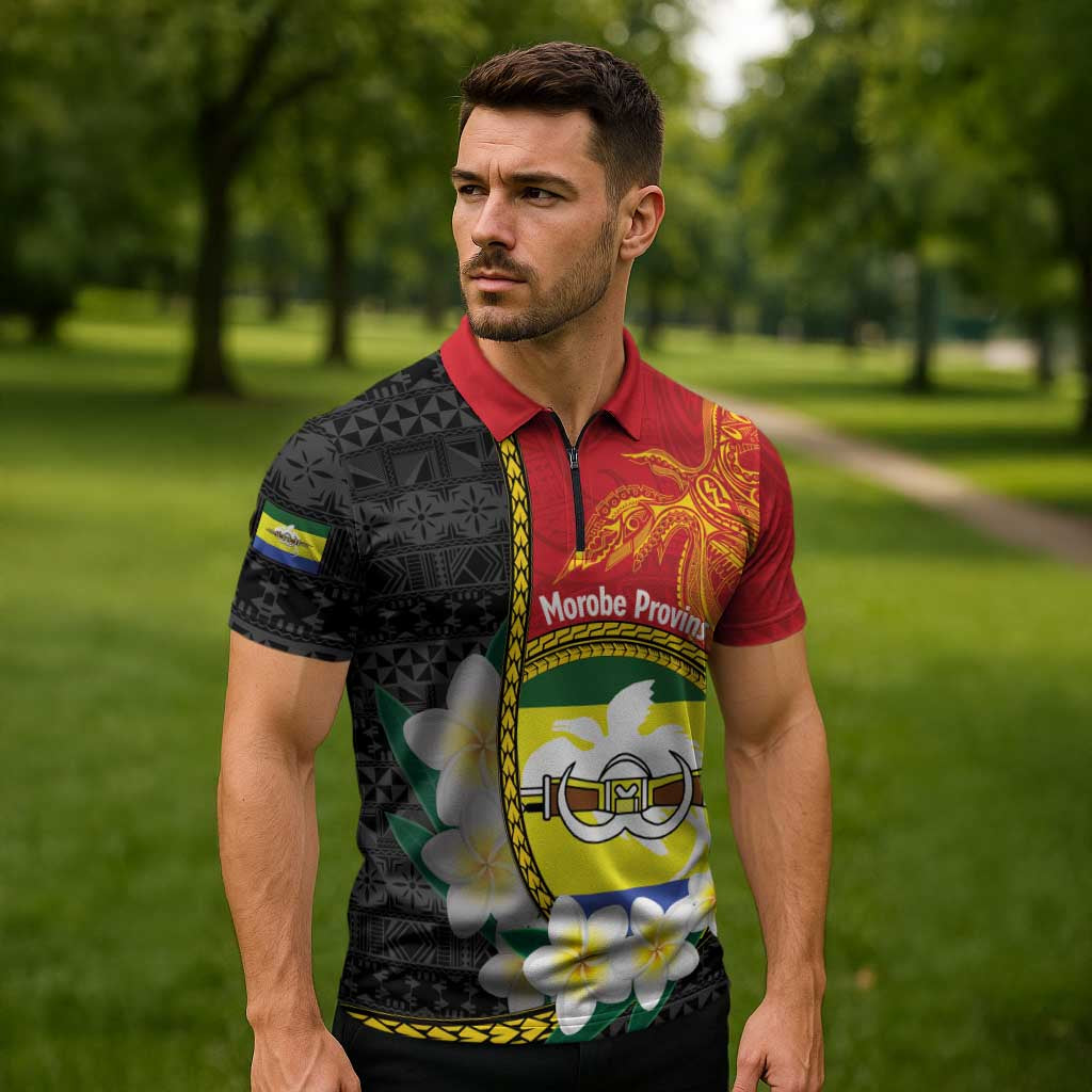 Personalised PNG Morobe Provins Zipper Polo Shirt Papua New Guinea Plumeria Melanesian Pattern LT14 - Polynesian Pride