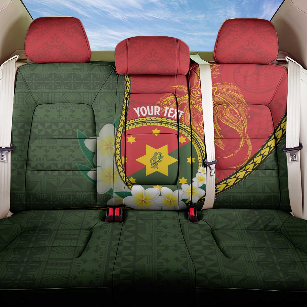Personalised PNG Isten Hailans Provins Back Car Seat Cover Papua New Guinea Plumeria Melanesian Pattern LT14 One Size Green - Polynesian Pride