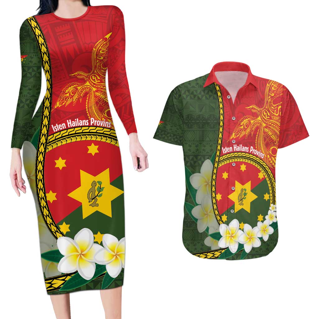 Personalised PNG Isten Hailans Provins Couples Matching Long Sleeve Bodycon Dress and Hawaiian Shirt Papua New Guinea Plumeria Melanesian Pattern LT14 Green - Polynesian Pride