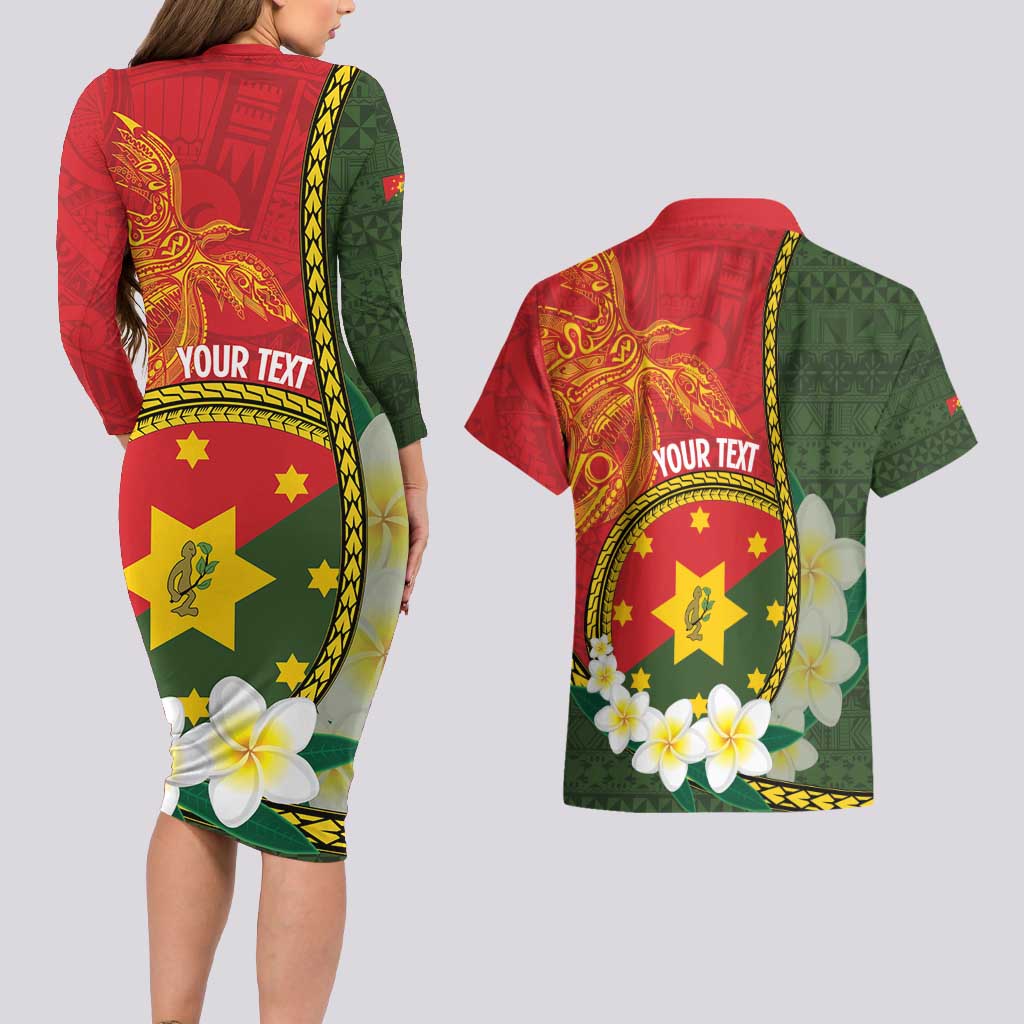 Personalised PNG Isten Hailans Provins Couples Matching Long Sleeve Bodycon Dress and Hawaiian Shirt Papua New Guinea Plumeria Melanesian Pattern LT14 - Polynesian Pride