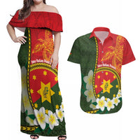 Personalised PNG Isten Hailans Provins Couples Matching Off Shoulder Maxi Dress and Hawaiian Shirt Papua New Guinea Plumeria Melanesian Pattern LT14 Green - Polynesian Pride