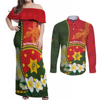Personalised PNG Isten Hailans Provins Couples Matching Off Shoulder Maxi Dress and Long Sleeve Button Shirt Papua New Guinea Plumeria Melanesian Pattern LT14 Green - Polynesian Pride