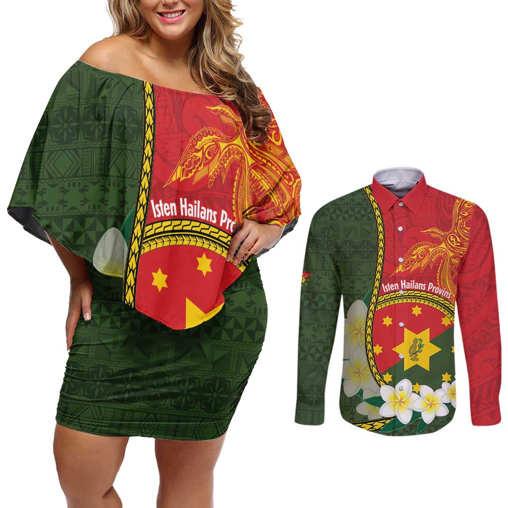 Personalised PNG Isten Hailans Provins Couples Matching Off Shoulder Short Dress and Long Sleeve Button Shirt Papua New Guinea Plumeria Melanesian Pattern LT14 Green - Polynesian Pride