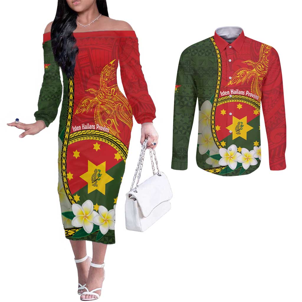 Personalised PNG Isten Hailans Provins Couples Matching Off The Shoulder Long Sleeve Dress and Long Sleeve Button Shirt Papua New Guinea Plumeria Melanesian Pattern LT14 Green - Polynesian Pride