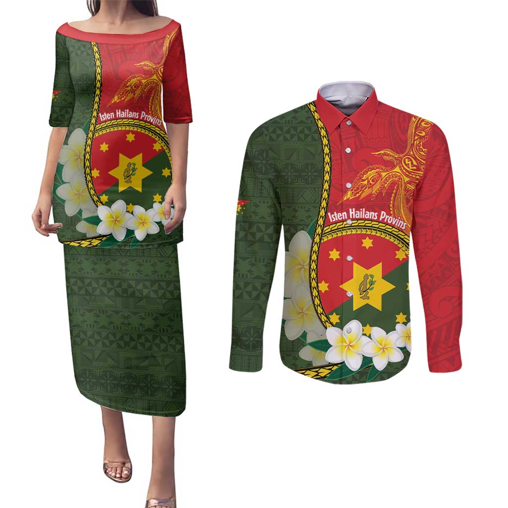 Personalised PNG Isten Hailans Provins Couples Matching Puletasi and Long Sleeve Button Shirt Papua New Guinea Plumeria Melanesian Pattern LT14 Green - Polynesian Pride