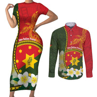 Personalised PNG Isten Hailans Provins Couples Matching Short Sleeve Bodycon Dress and Long Sleeve Button Shirt Papua New Guinea Plumeria Melanesian Pattern LT14 Green - Polynesian Pride