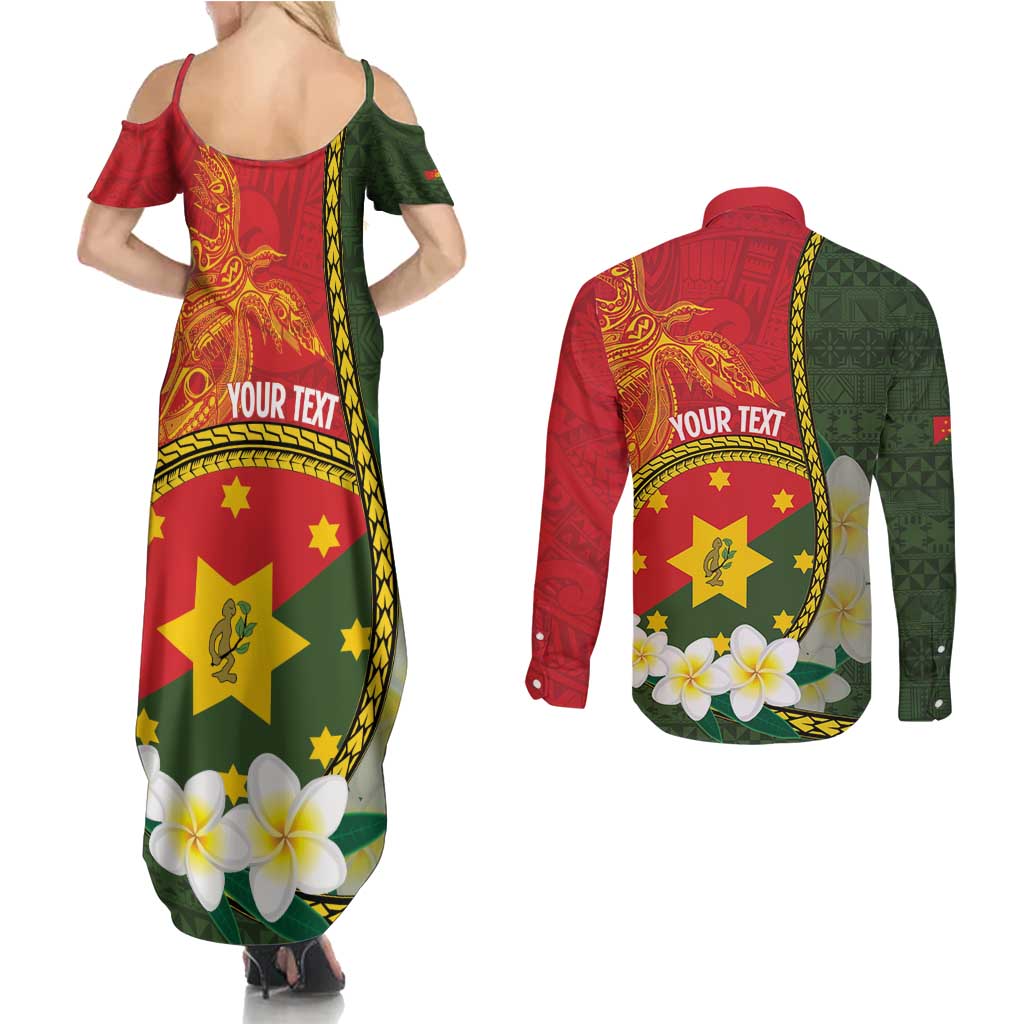 Personalised PNG Isten Hailans Provins Couples Matching Summer Maxi Dress and Long Sleeve Button Shirt Papua New Guinea Plumeria Melanesian Pattern LT14 - Polynesian Pride