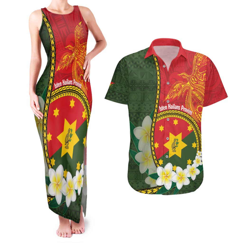 Personalised PNG Isten Hailans Provins Couples Matching Tank Maxi Dress and Hawaiian Shirt Papua New Guinea Plumeria Melanesian Pattern LT14 Green - Polynesian Pride