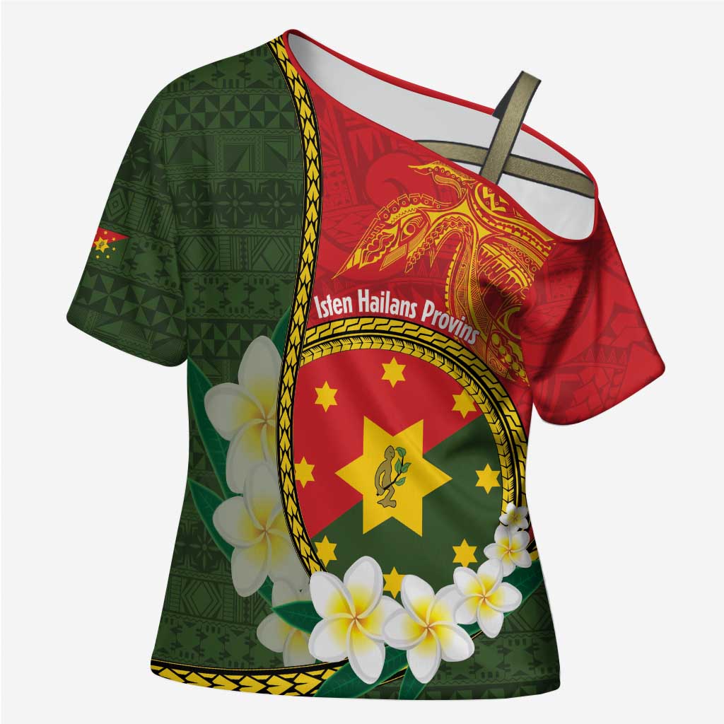 Personalised PNG Isten Hailans Provins Cross Shoulder Shirt Papua New Guinea Plumeria Melanesian Pattern LT14 Female Green - Polynesian Pride